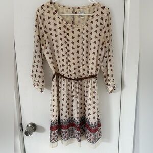 Vintage Forever 21 Cream and Red Small Long Sleeve Floral Dress with belt